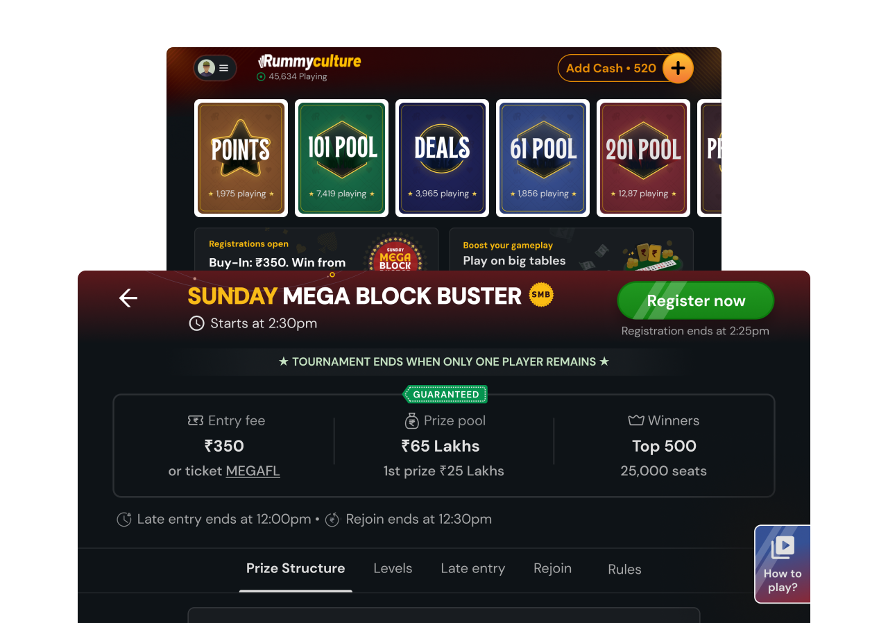 RummyCulture screens — the lobby of cash-game formats, layered over the Sunday Mega Block Buster tournament with its 65 lakh prize pool and 25,000 seats.
